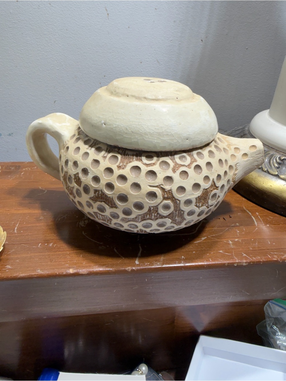 Vintage RARE Handcrafted Sculpture Cream Ceramic Teapot